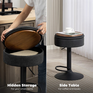 Set of 2 swivel bar stools with storage, faux leather upholstery, footrest, steel base, black