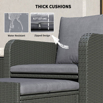 Outsunny 5 Piece Rattan Balcony Furniture Set, Wicker Outdoor Furniture with Two-Tier Coffee Table and Ottomans, Grey