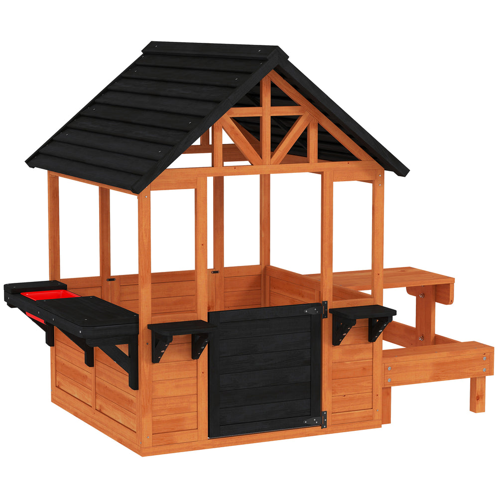 Maisonnette en bois pour enfants de 3 à 8 ans, avec table, bancs, évier, fenêtres et supports pour pots de fleurs, couleur marron.