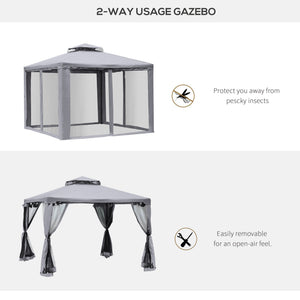 10' x 10' Patio Gazebo Outdoor Pavilion 2 Tire Roof Canopy Shelter Garden Event Party Tent Yard Sun Shade Steel Frame w/ Mosquito Netting Grey