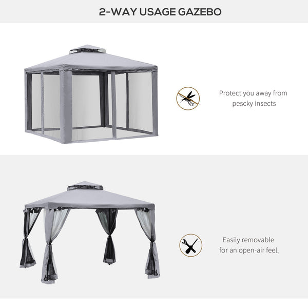 10' x 10' Patio Gazebo Outdoor Pavilion 2 Tire Roof Canopy Shelter Garden Event Party Tent Yard Sun Shade Steel Frame w/ Mosquito Netting Grey