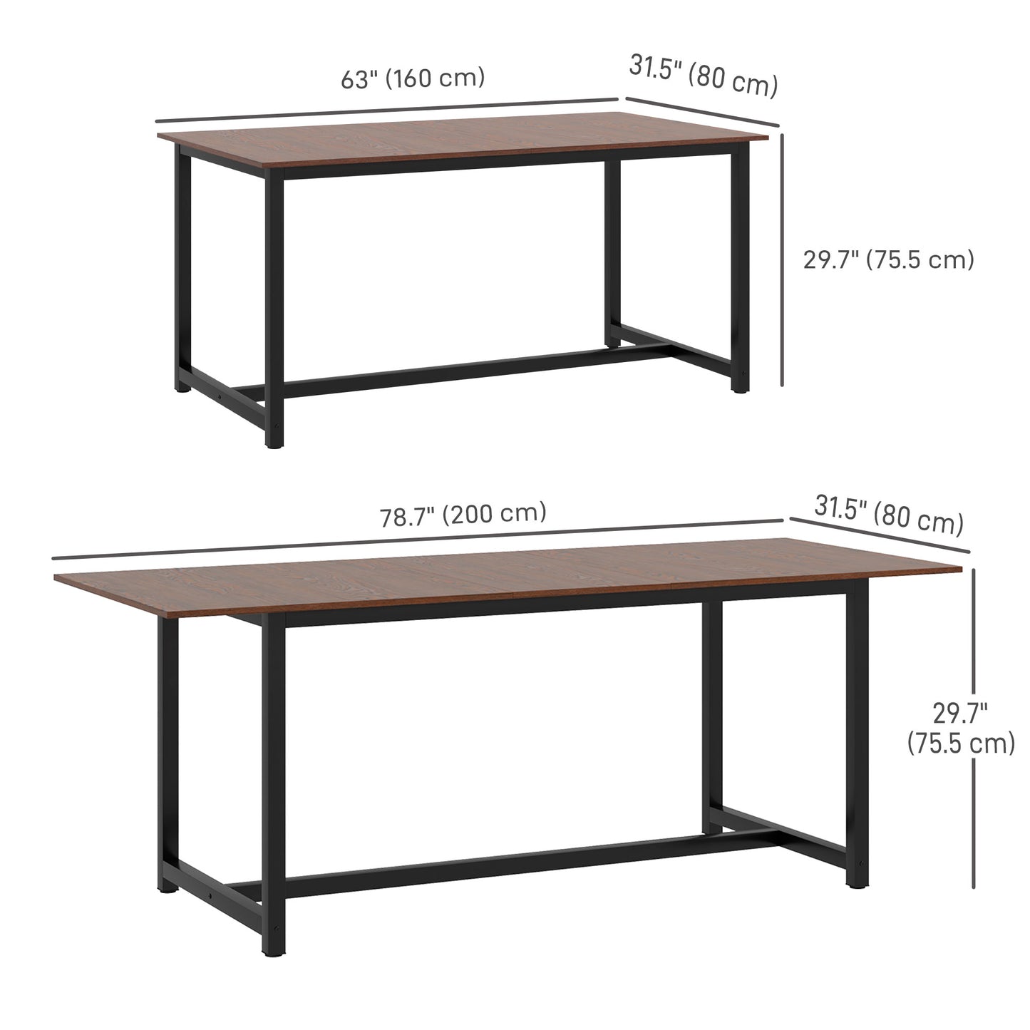 HOMCOM 160-200cm Folding Dining Table for 4-6 People, Foldable Kitchen Table with Steel Frame, Brown Wood Grain