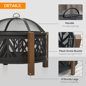 Brasero d'extérieur 31", 2 en 1, avec couvercle, barbecue et tisonnier, pour jardin et camping, noir