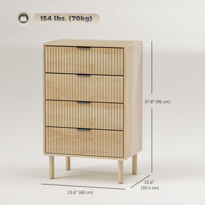 Chest of drawers with 4 drawers, fluted panels and solid wood legs, oak color