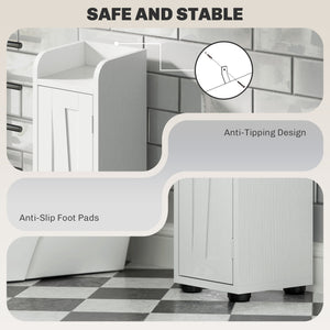 Meuble de salle de bain étroit  avec portes de grange, tiroir et étagères réglables, aspect bois blanc