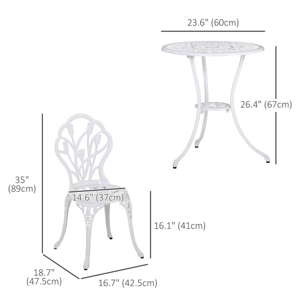 3 Pieces Patio Bistro Set, Outdoor Cast Aluminum Garden Table and Chairs with Umbrella Hole for Balcony, White