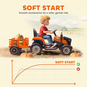 Tracteur 12 V orange avec remorque, télécommande, musique, lumières