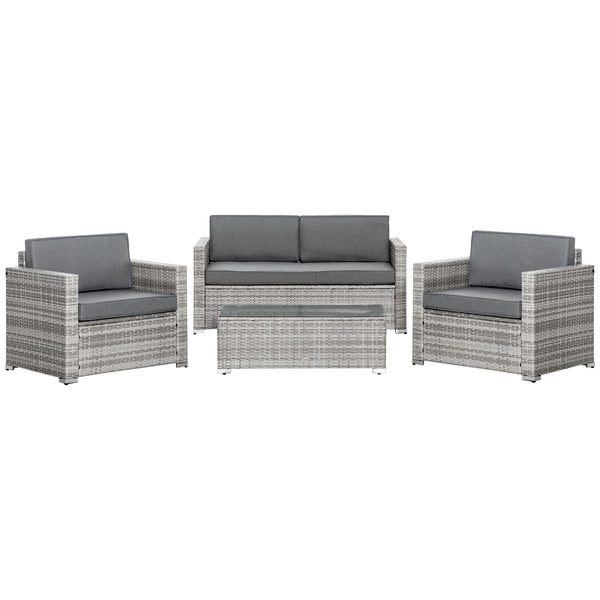 4 Pieces Patio Wicker Sofa Set, Outdoor PE Rattan Extra Wide Seat Conversation Furniture w/ Tempered Glass Table-top & Thick Padded Cushion for Garden, Backyard, Lawn, Mixed Grey