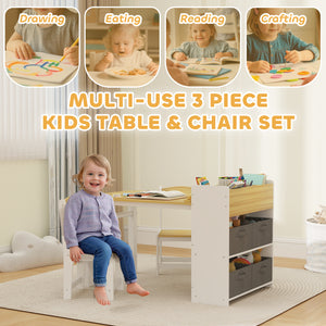 Toddler Table and Chairs with Paper Roll, Storage Shelves and Drawers, Natural Wood