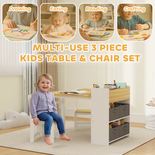 Toddler Table and Chairs with Paper Roll, Storage Shelves and Drawers, Natural Wood