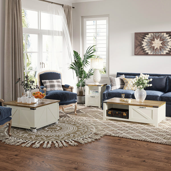 Table d'appoint style farmhouse avec rangement, blanche