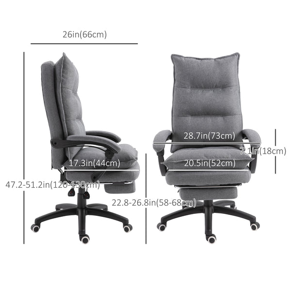 Reclining and height-adjustable office chair with retractable footrest, grey