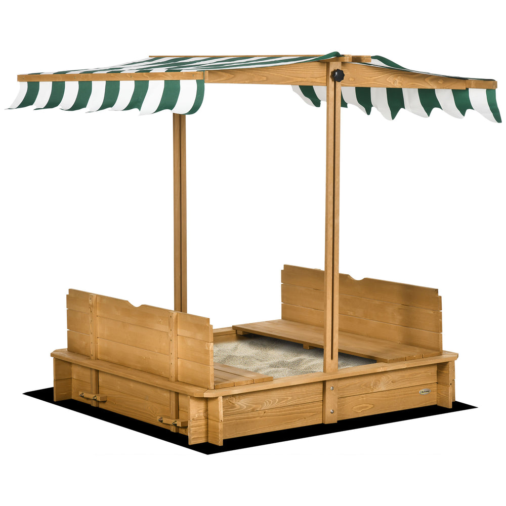 Bac à sable en bois avec couvercle, bancs pliables et auvent réglable, marron clair