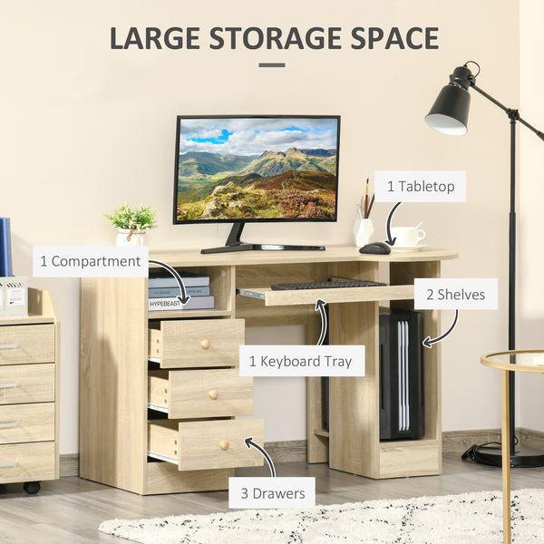 Bureau d'ordinateur avec rangement, étagères et tiroirs, bois naturel