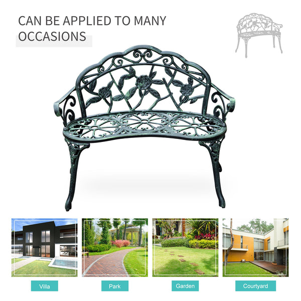 Banc de jardin d'extérieur en aluminium moulé, style rose antique, vert