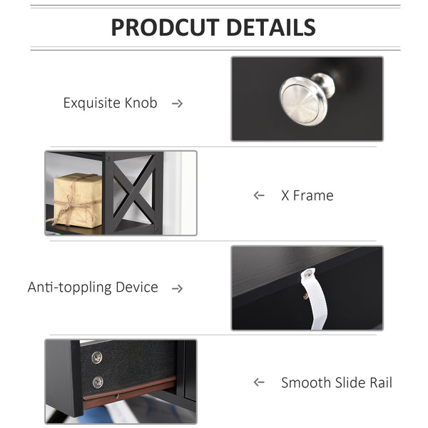 Console Table with Storage Shelves, Drawers and X-Frame, Black