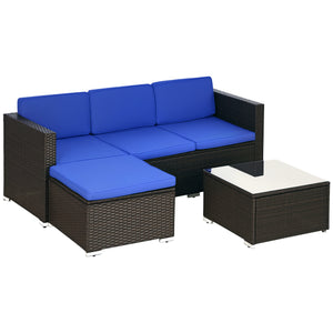 3 Pieces Patio Furniture Set with Cushions, Outdoor PE Rattan Wicker Conversation Corner Sofa Set with Glass Top Table and Adjustable Foot for Garden, Lawn, Blue