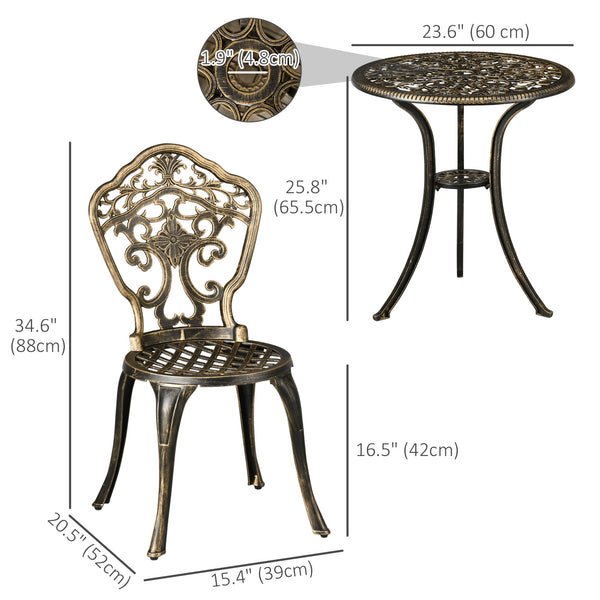 Outdoor 3 Piece Garden Bistro Set, 2 Chairs and A Round Coffee Table with Parasol Hole for Balcony, Patio, Bronze