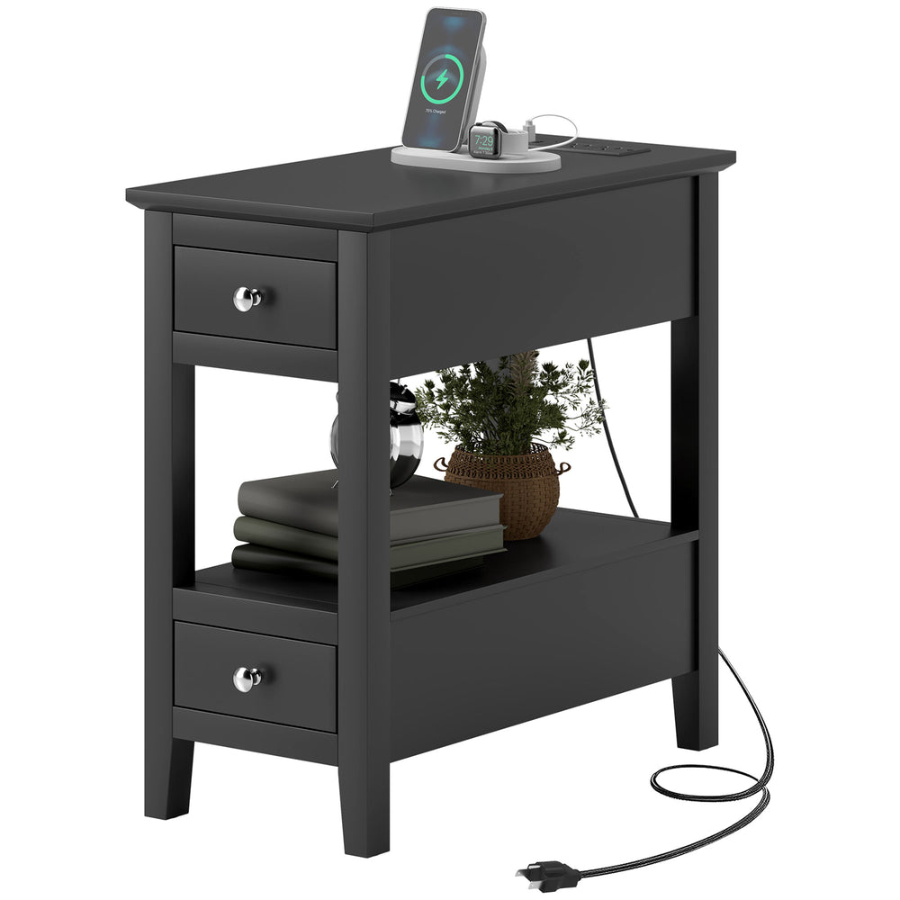 Table d'appoint étroite avec station de charge avec étagère de rangement et tiroirs pour salon, noire