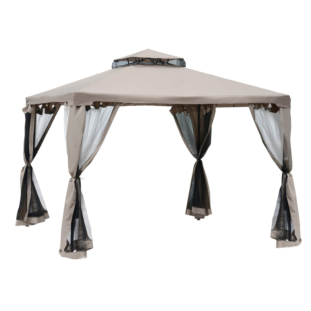 10' x 10' Patio Gazebo Outdoor Pavilion 2 Tire Roof Canopy Shelter Garden Event Party Tent Steel Frame, Brown