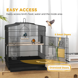 Cage à oiseaux 58 cm, pinsons, canaris, perroquets avec portes et perchoirs, 2 mangeoires, fournitures pour animaux, noir