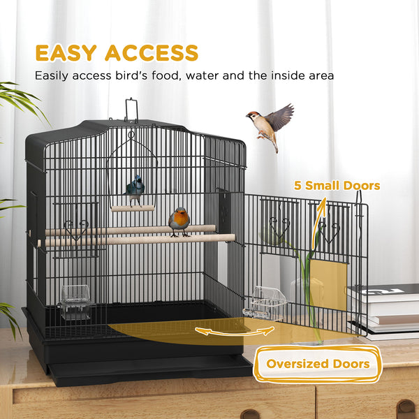 Cage à oiseaux 58 cm, pinsons, canaris, perroquets avec portes et perchoirs, 2 mangeoires, fournitures pour animaux, noir