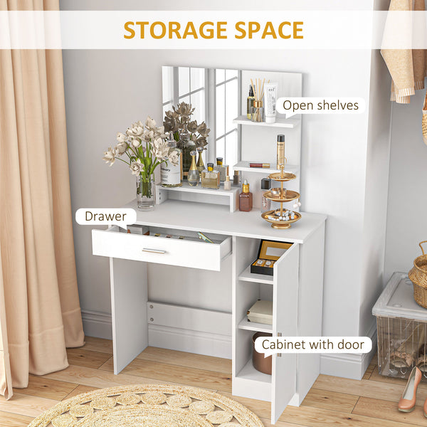 Coiffeuse avec miroir,  tiroir et compartiment ouvert, blanc