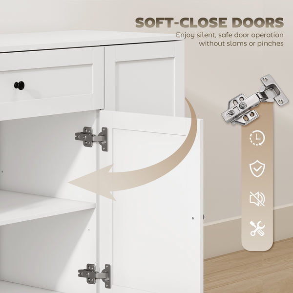 Modern kitchen storage cabinet with drawer, adjustable shelves with door supports, white