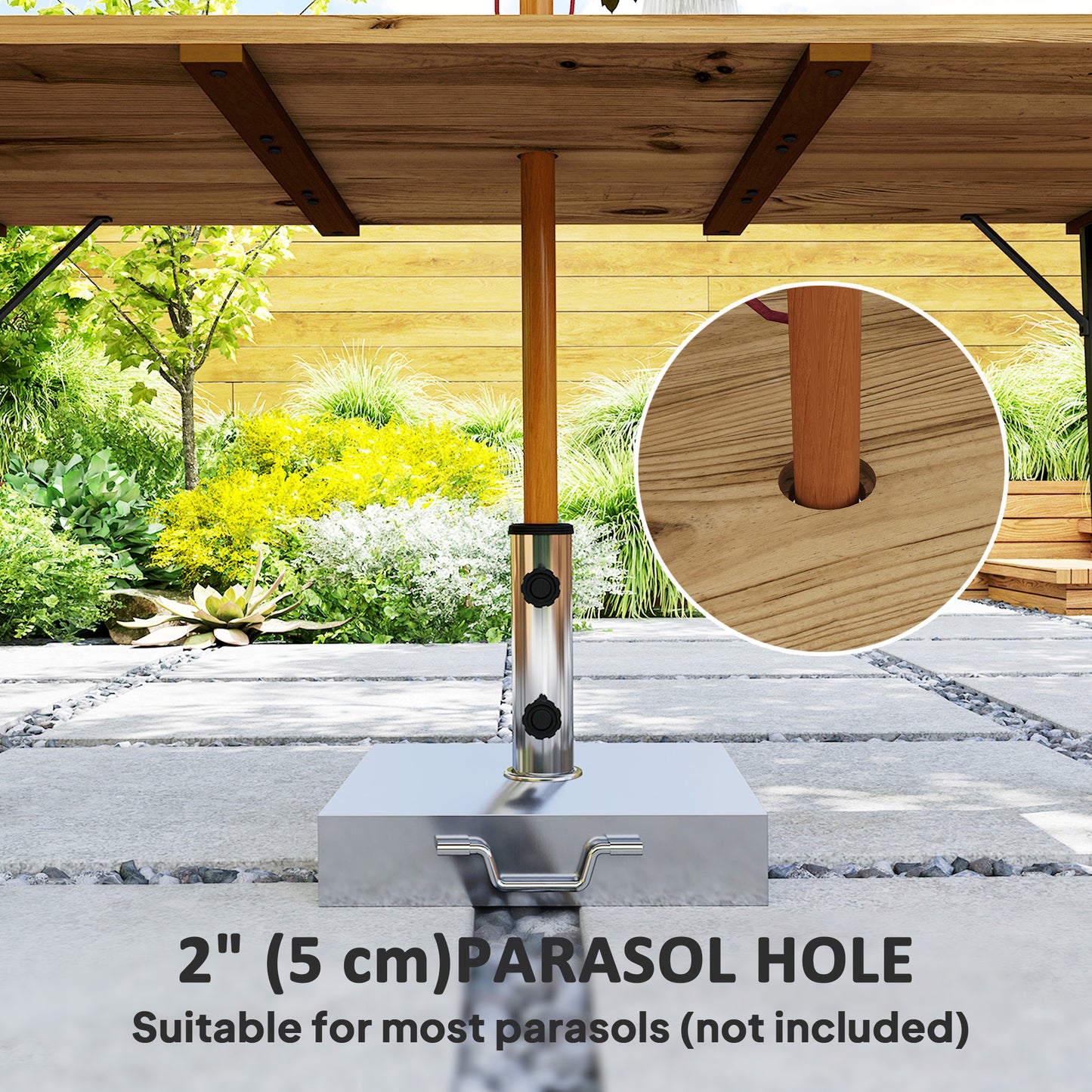 Table à manger d'extérieur en bois pour 6 personnes avec trou pour parasol, plateau à lattes, structure en métal