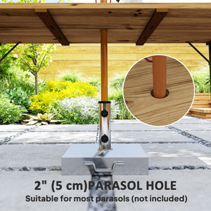 Table à manger d'extérieur en bois pour 6 personnes avec trou pour parasol, plateau à lattes, structure en métal