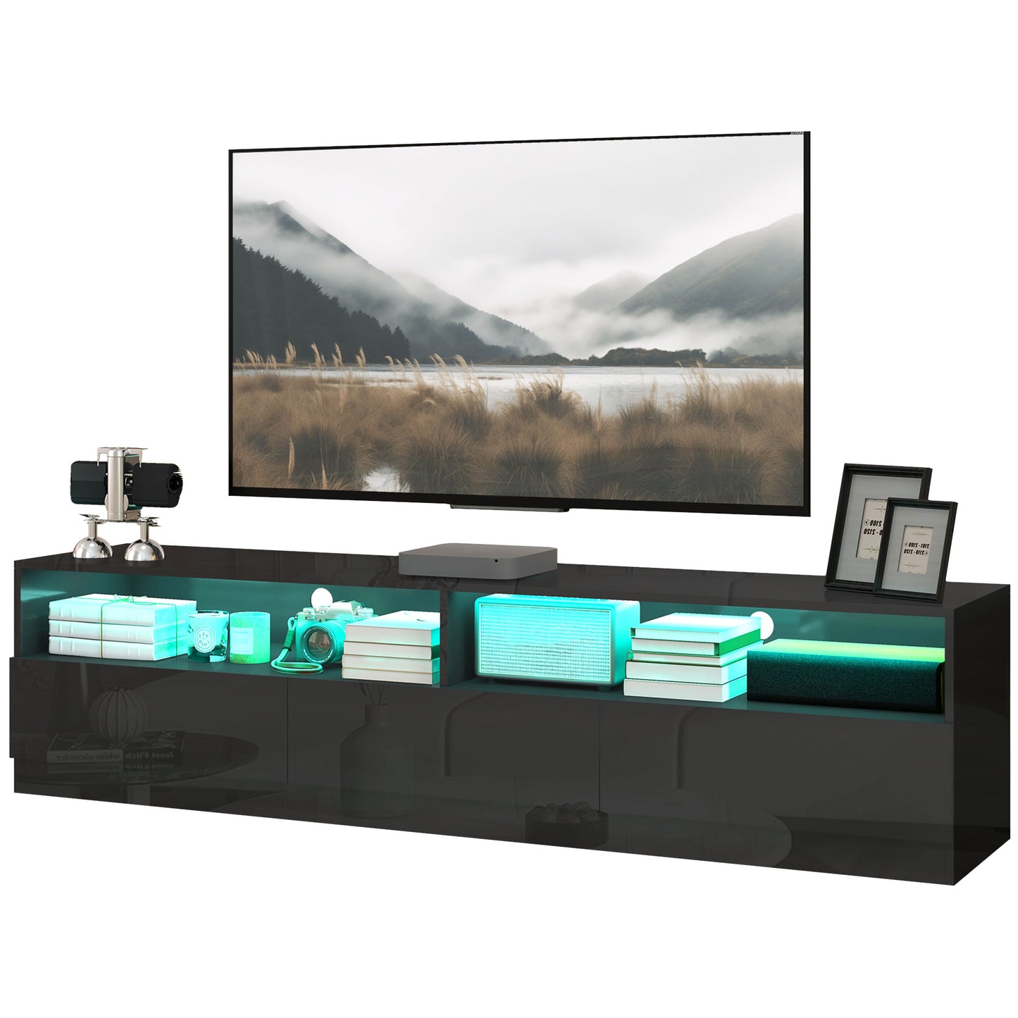 HOMCOM TV Stand with LED Lighting for TVs up to 75 inches, Modern TV Cabinet with Storage Drawers for Living Room, Glossy Black