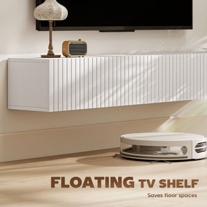 Floating wall-mounted TV unit for TVs up to 72 inches with 2 fluted drop-down doors, white