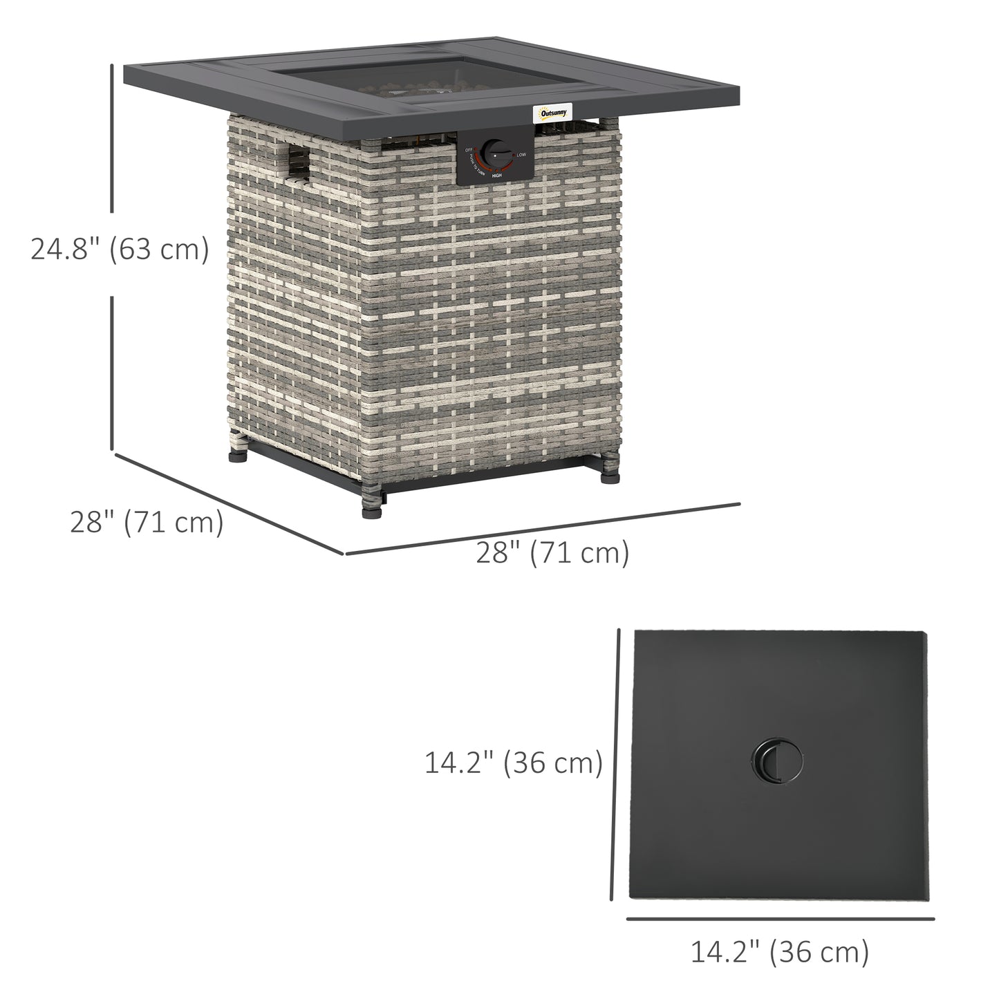 Outsunny 28" Propane Fire Pit Table, 40,000 BTU Rattan Gas Fire Pit Table with Rain Cover, Mesh Lid, Lava Rock, Grey Blend