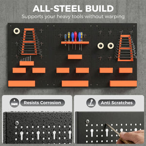 Organisateur mural d’outils avec 3 panneaux, 9 bacs, 5 supports et 16 crochets – Noir et orange