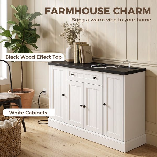 47" Farmhouse Sideboard Buffet Cabinet with Charging Station, Coffee Bar Cabinet with 3 Adjustable Shelves, White