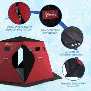 Insulated ice fishing shelter for 4 people, foldable with carry bag and two doors for temperatures down to -30°C, red