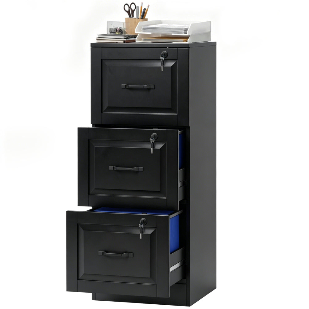 Classeur vertical à 3 tiroirs avec serrure, compatible avec les formats A4 et Lettre, noir. Barres de suspension réglables.