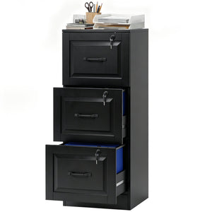 3-drawer vertical filing cabinet with lock, A4 and Letter compatible, black. Adjustable hanging rails.
