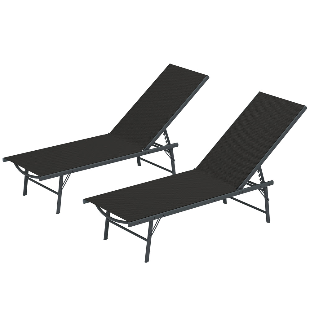 2 Pieces Folding Outdoor Lounge Chairs, Reclining Chaise Lounge Tanning Chair w/ Adjustable Back, Mesh Seat, Black