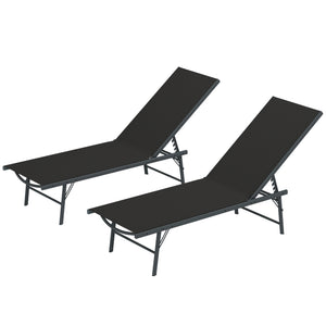 2 Pieces Folding Outdoor Lounge Chairs, Reclining Chaise Lounge Tanning Chair w/ Adjustable Back, Mesh Seat, Black