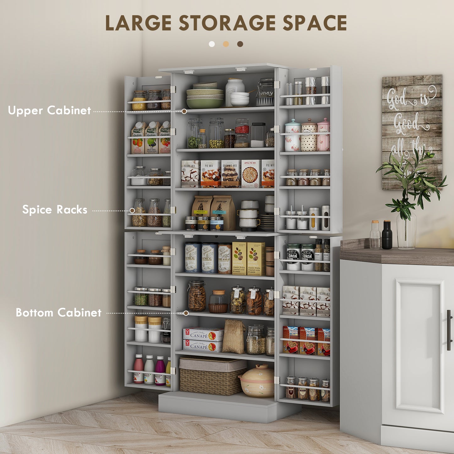65-inch Kitchen Cabinet, Pantry with 4 Doors and 16 Shelves for Dining Room, Gray