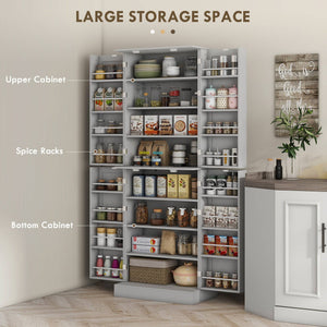 Meuble de cuisine 65 pouces, garde-manger avec 4 portes et 16 étagères pour salle à manger, gris