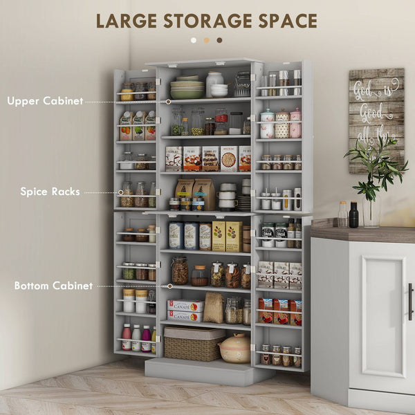 Meuble de cuisine 65 pouces, garde-manger avec 4 portes et 16 étagères pour salle à manger, gris