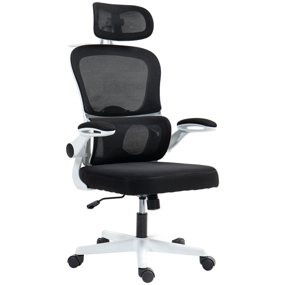 Chaise de bureau ergonomique en maille avec accoudoirs relevables, appui-tête pivotant et soutien lombaire réglable, noir