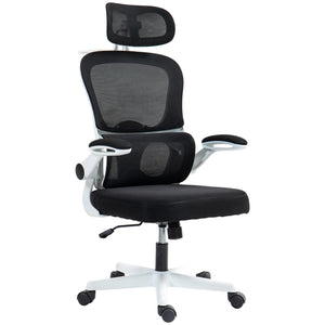 Chaise de bureau ergonomique en maille avec accoudoirs relevables, appui-tête pivotant et soutien lombaire réglable, noir