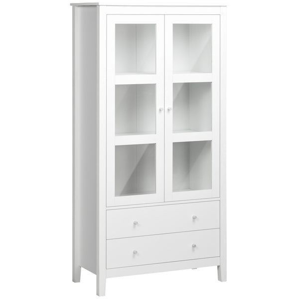 Meuble de rangement avec étagères à 3 niveaux, 2 tiroirs et portes vitrées, blanc