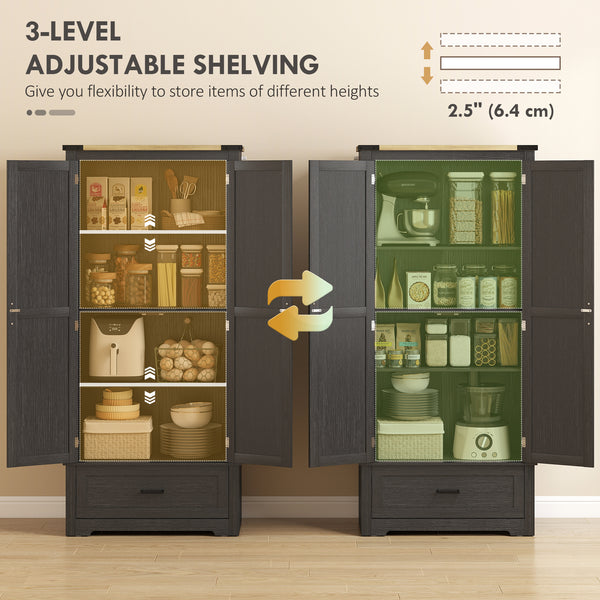 Farmhouse style kitchen cabinet with 2 doors, one drawer and adjustable shelves, black and brown