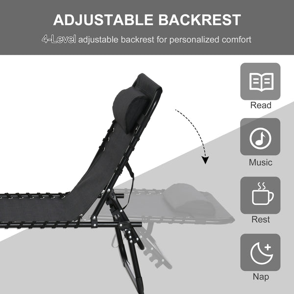 Chaise longue pliante d'extérieur, réglable sur 4 positions avec appui-tête, noire.