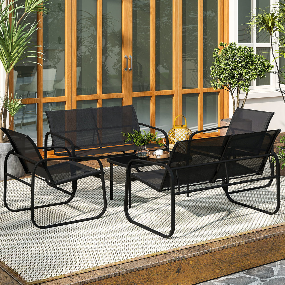 Ensemble de mobilier de patio 4 pièces comprenant 2 causeuses, 2 fauteuils et une table à plateau en verre, noir