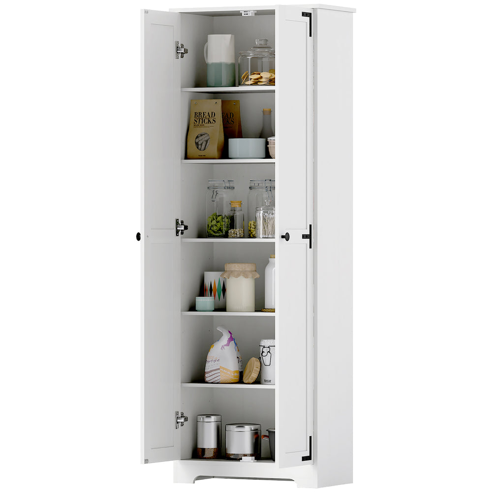 Armoire de rangement haute  de style campagnard avec 2 portes et étagères réglables, blanc vieilli